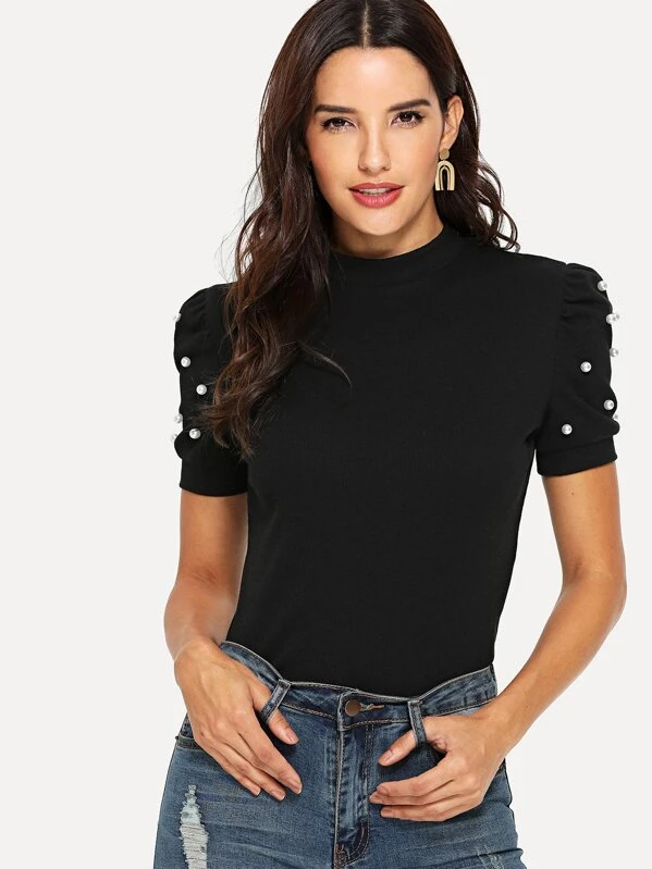 Camiseta de manga farol con diseño de perla de cuello alto Blusa de cuello alto de manga farol con perla | ROMWE