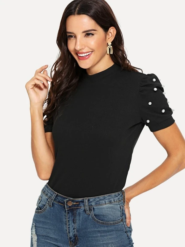 Camiseta de manga farol con diseño de perla de cuello alto Blusa de cuello alto de manga farol con perla | ROMWE