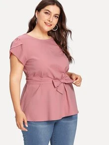 粉色休閒打結純色加大襯衫 - 藕粉色 - 查看 4