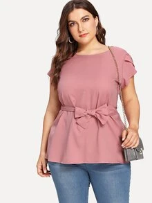 粉色休閒打結純色加大襯衫 - 藕粉色 - 查看 1