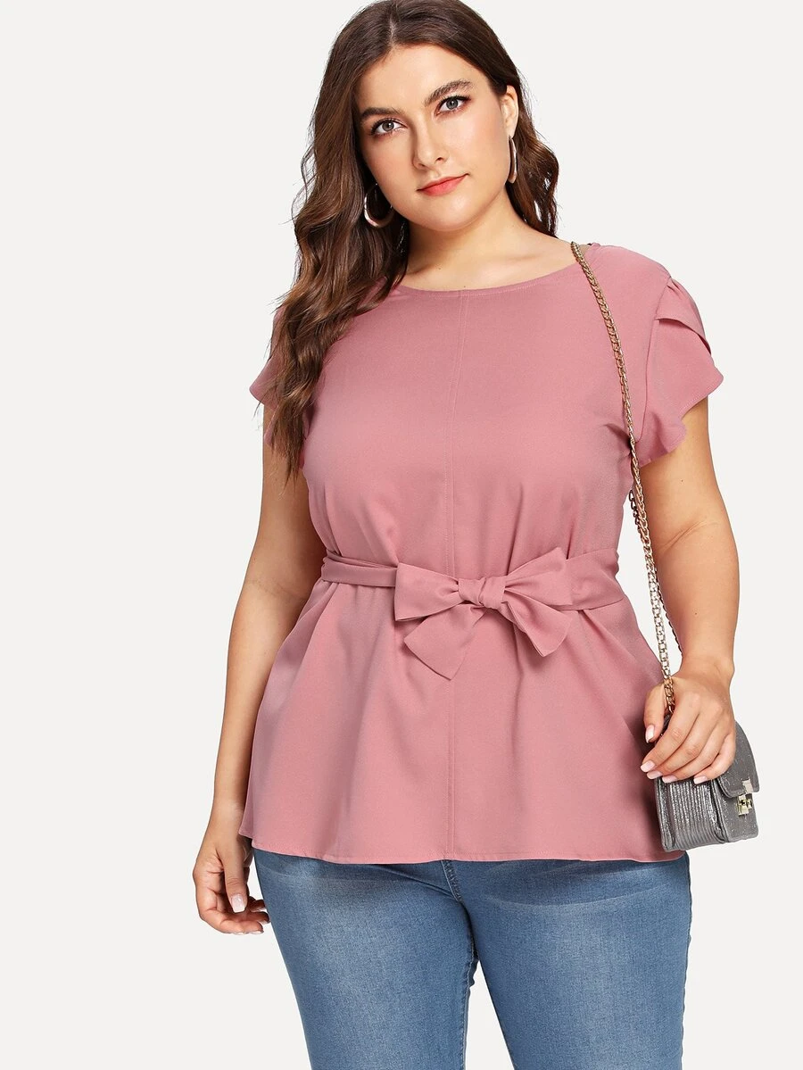 粉色休閒打結純色加大襯衫 - 藕粉色 - 查看 1