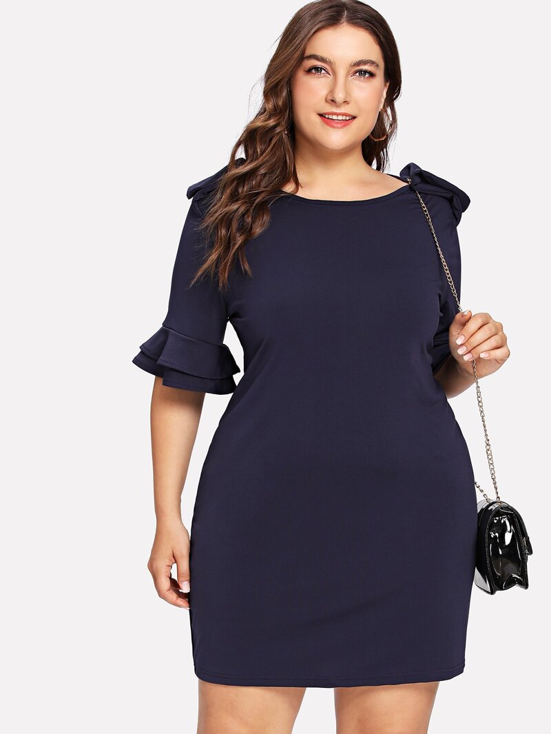 

Plus Solid Ruffle Sleeve Dress, Black