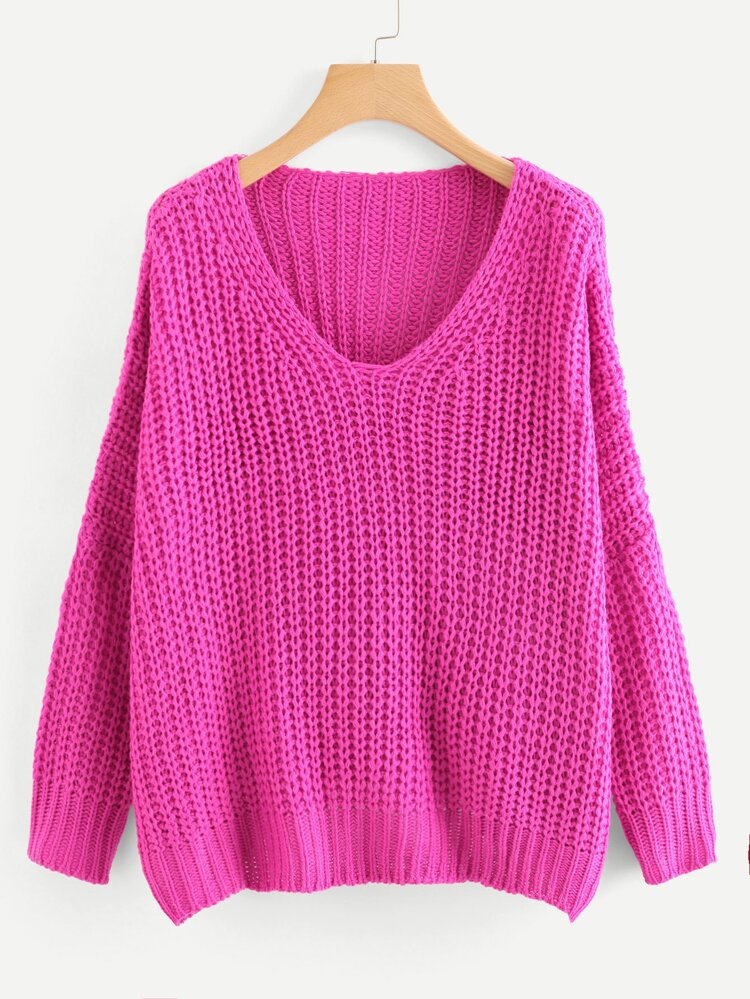 Neon Pink V Neck Drop Shoulder Oversized Sweater