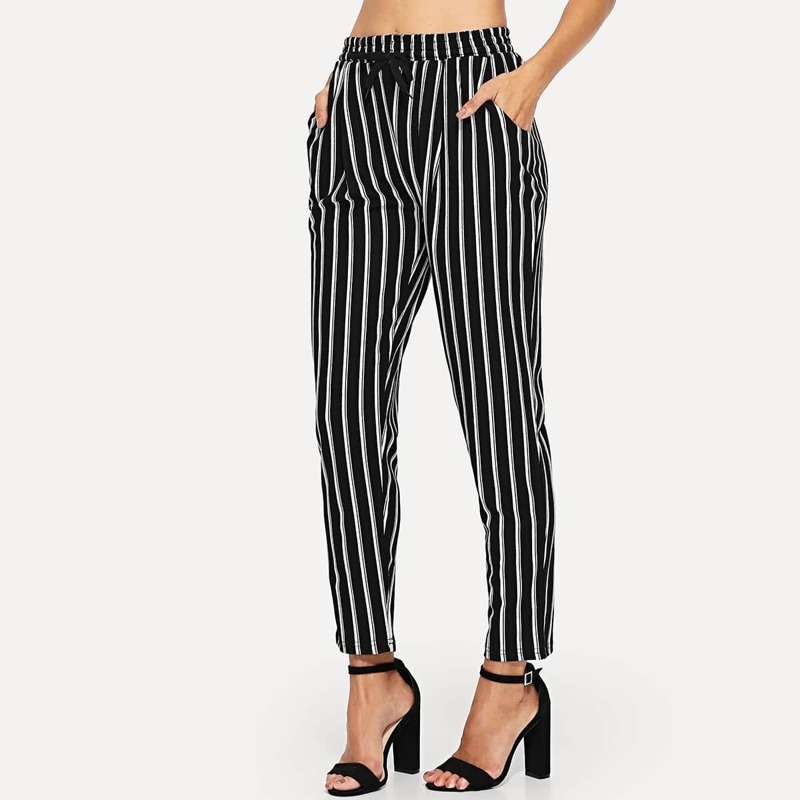 

Vertical-Striped Tapered Leg Pants, Black and white