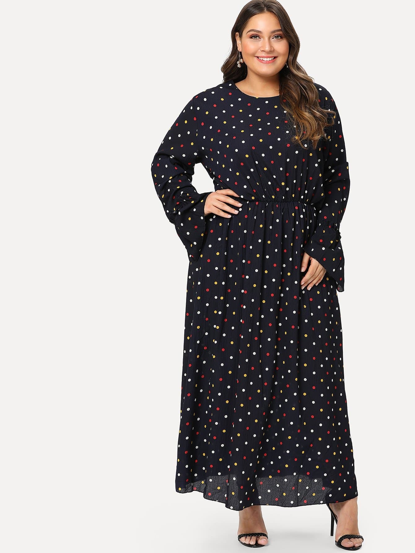plus trumpet sleeve polka dot dress -shein(sheinside)