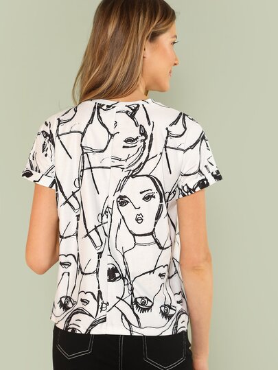 Camiseta de manga de doblez con estampado de figura