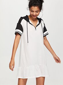 O-Ring Zip Front Ruffle Hem Hooded Dress