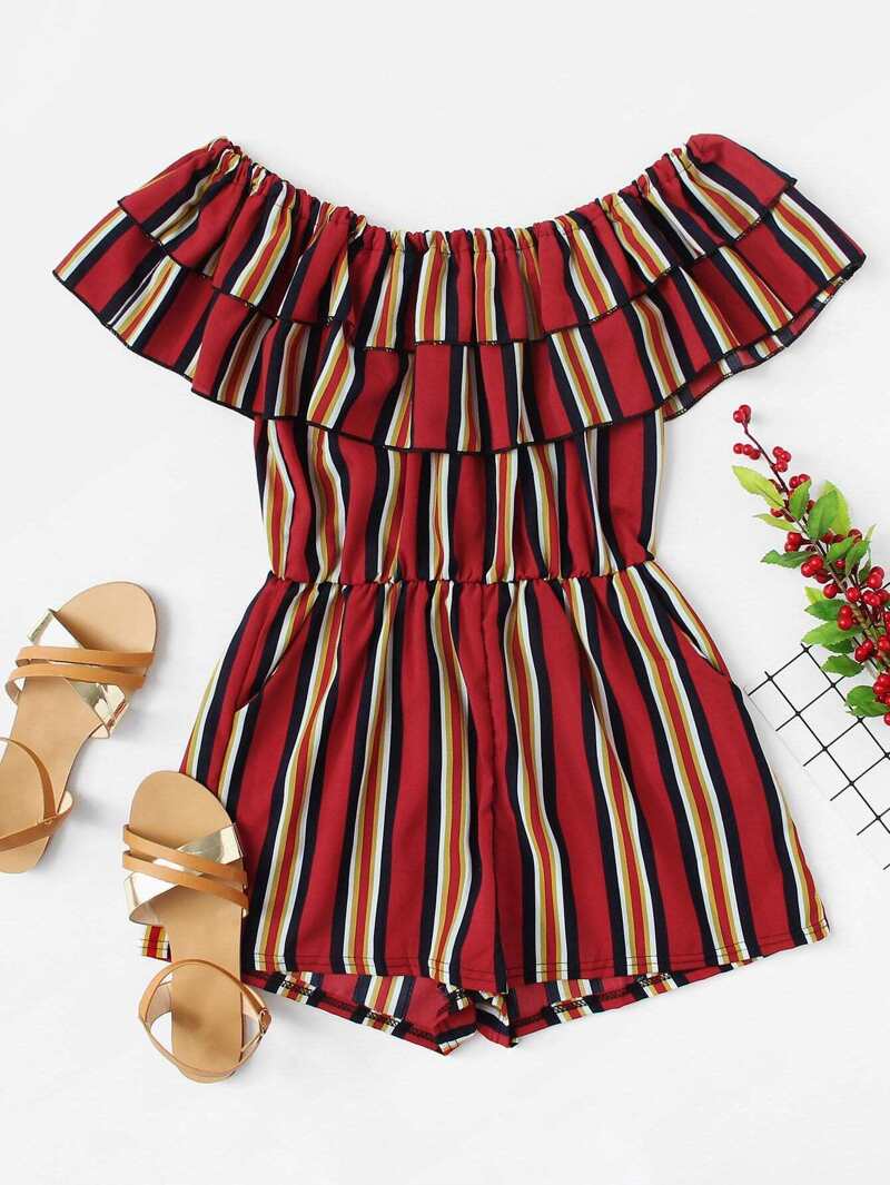 

Off Shoulder Striped Ruffle Romper, Multicolor