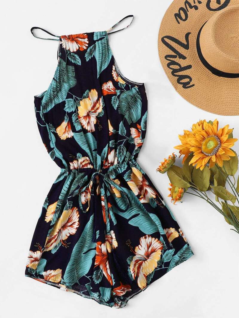 

Floral Print Tassel Drawstring Waist Romper, Multicolor