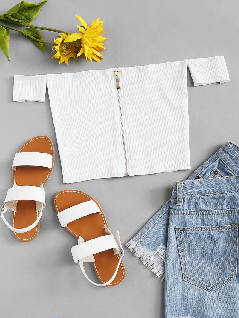

Off Shoulder Zip Up Front Ribbed Tee, White