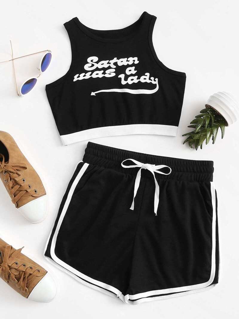 

Slogan Print Top With Drawstring Waist Shorts, Black
