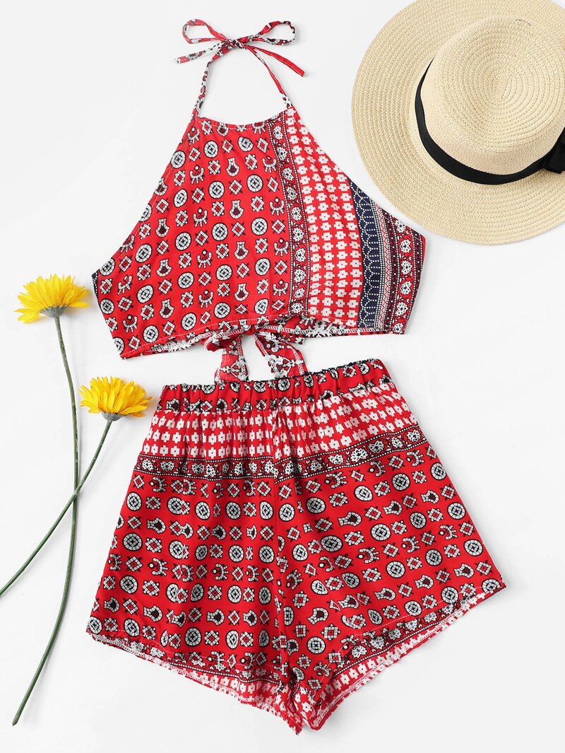 

Knot Back Halter Top With Shorts, Red