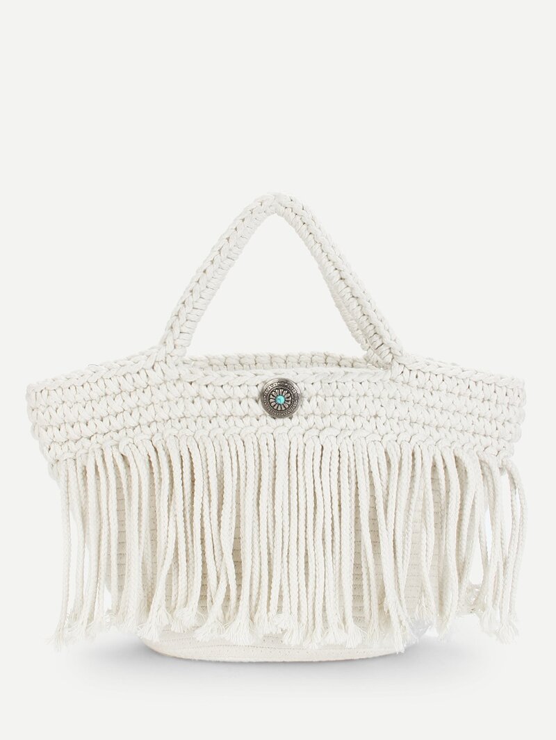 

Fringe Tassel Design Woven Tote Bag, White