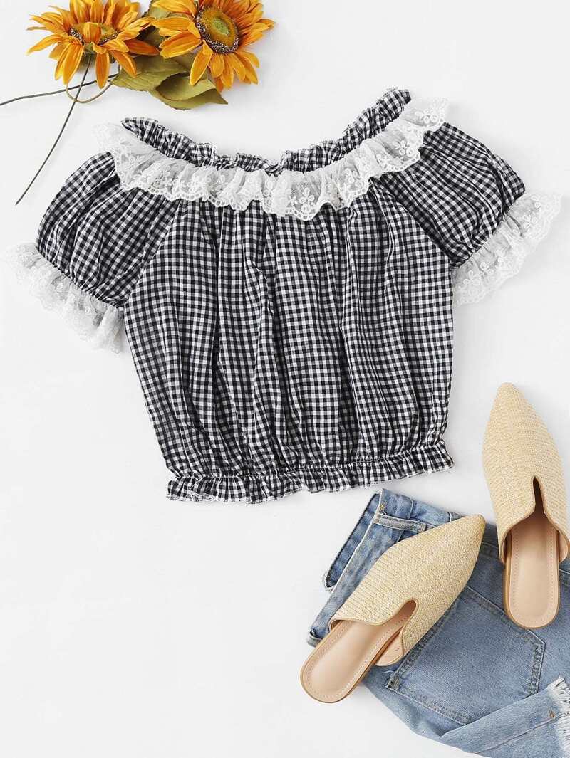

Lace Panel Frill Trim Plaid Top, Black and white
