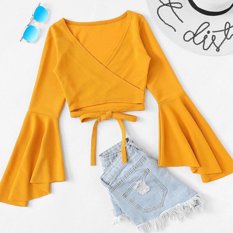

Flounce Sleeve Self Tie Wrap Crop Top, Yellow