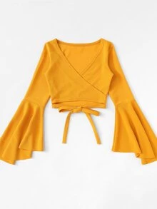 SHEIN Unity Flare Sleeve Wraparound Self-Tie Crop Top - Mustard Yellow - View 3