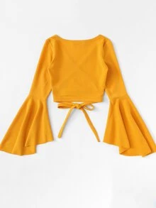 SHEIN Unity Flare Sleeve Wraparound Self-Tie Crop Top - Mustard Yellow - View 2