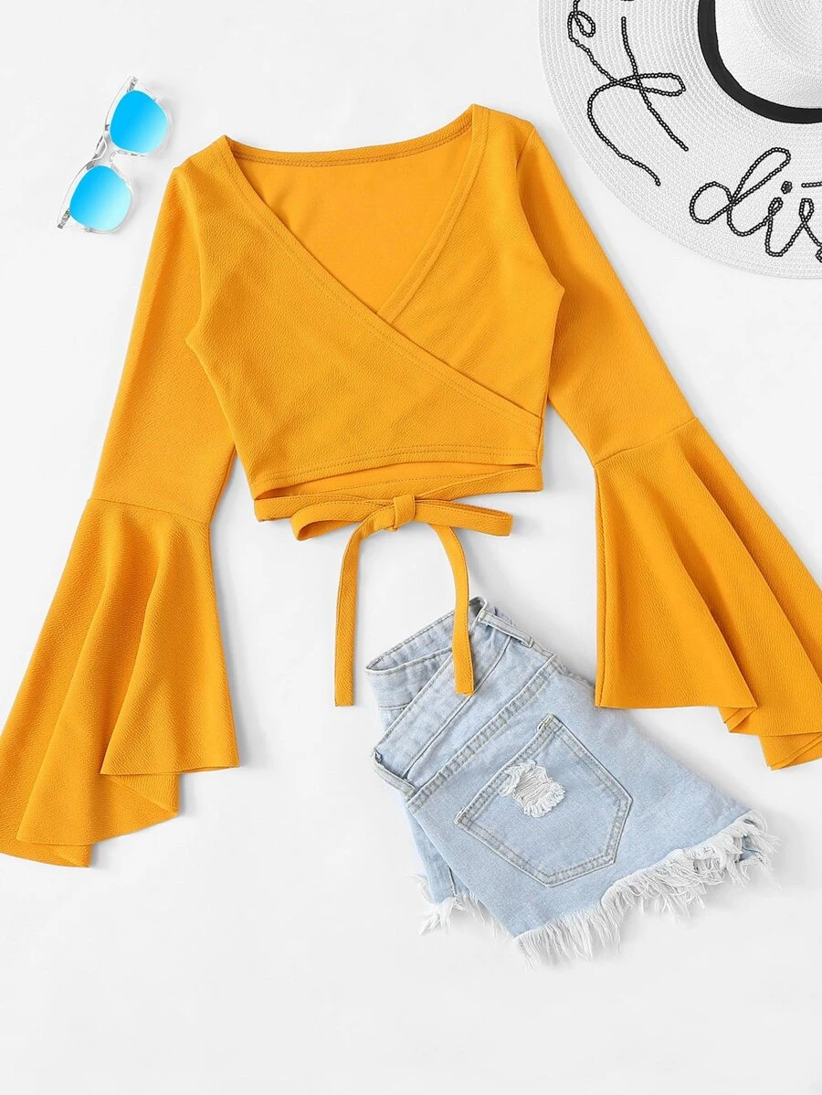 SHEIN Unity Flare Sleeve Wraparound Self-Tie Crop Top - Mustard Yellow - View 1
