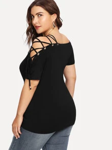 SHEIN LUNE Plus Lace-Up Solid Tee - Black - View 3