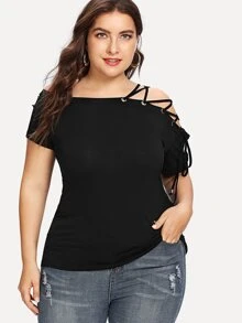 SHEIN LUNE Plus Lace-Up Solid Tee - Black - View 4