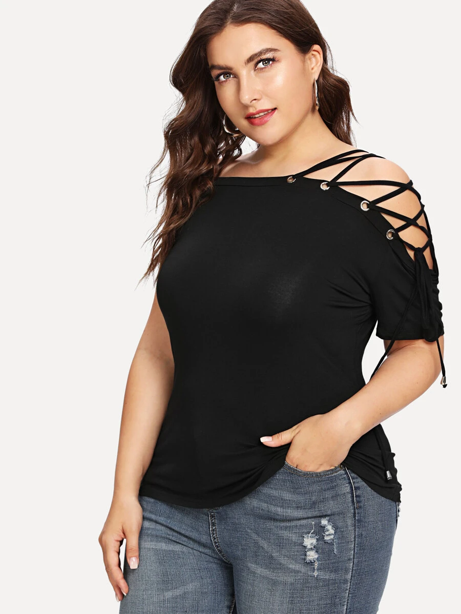 SHEIN LUNE Plus Lace-Up Solid Tee - Black - View 1