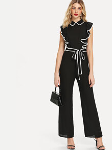 Ruffle Armhole Self Belted Wide Leg Jumpsuit