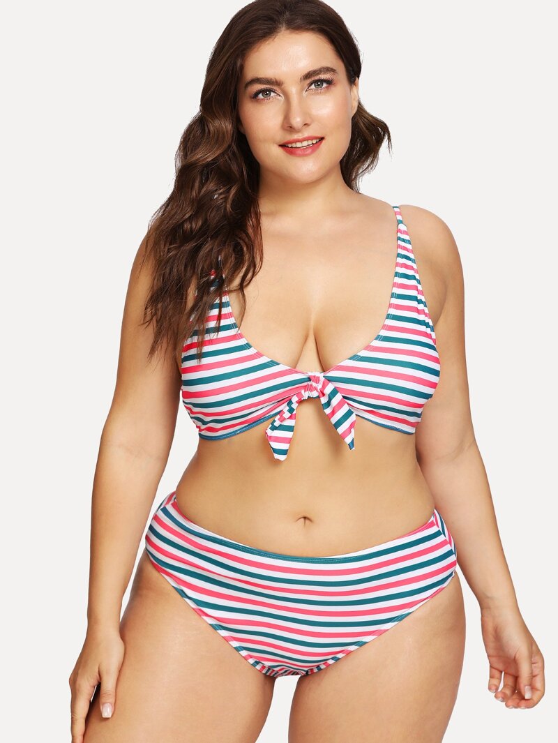 

Plus Colorful Stripe Bikini Set, Multicolor