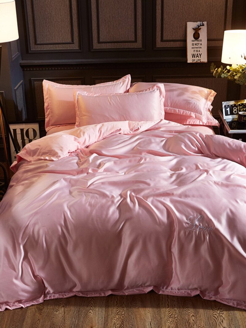 

Contrast Binding Letter Print Sheet Set, Pink