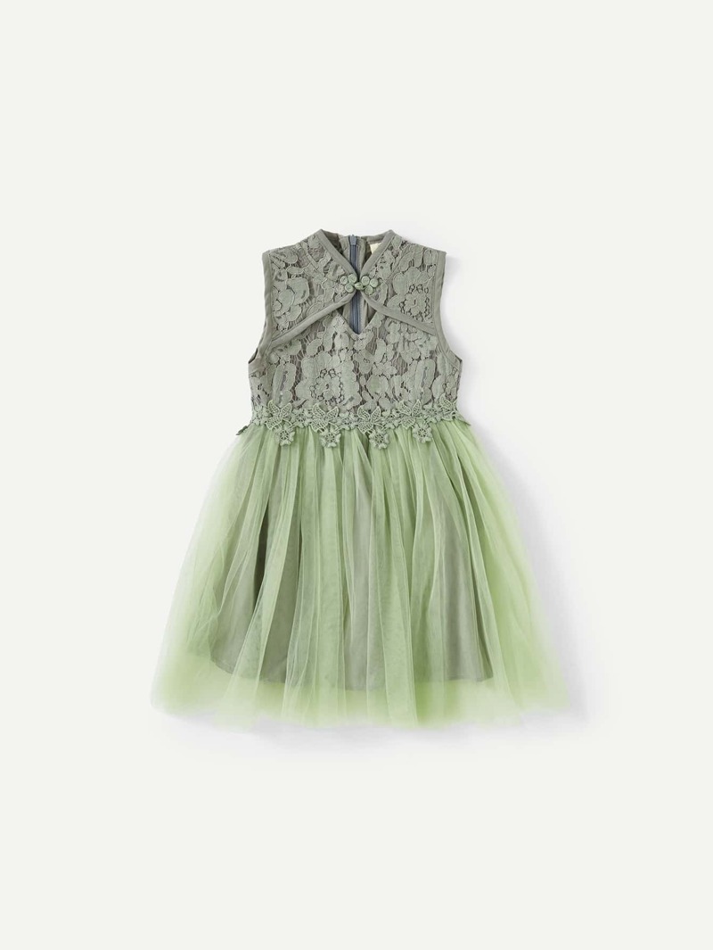 

Girls Lace Mandarin Neckline Princess Dress, Green