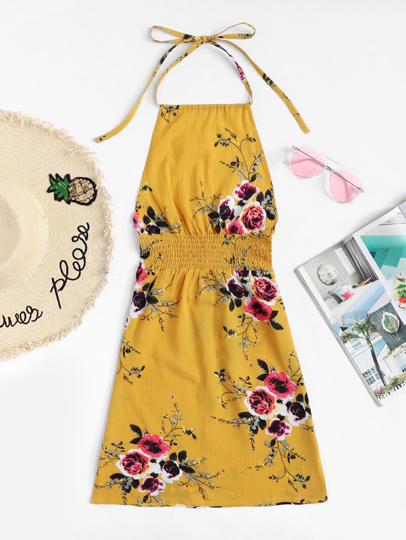 

Open Back Floral Print Halter Dress, Yellow