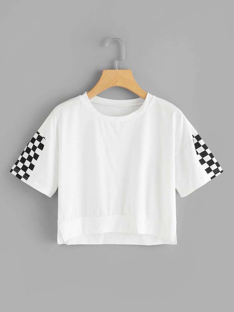 

Gingham Sleeve Split Side Crop Tee, Beige