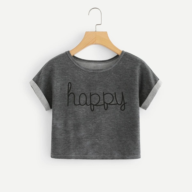 

Letter Print Cuffed Crop Tee, Grey