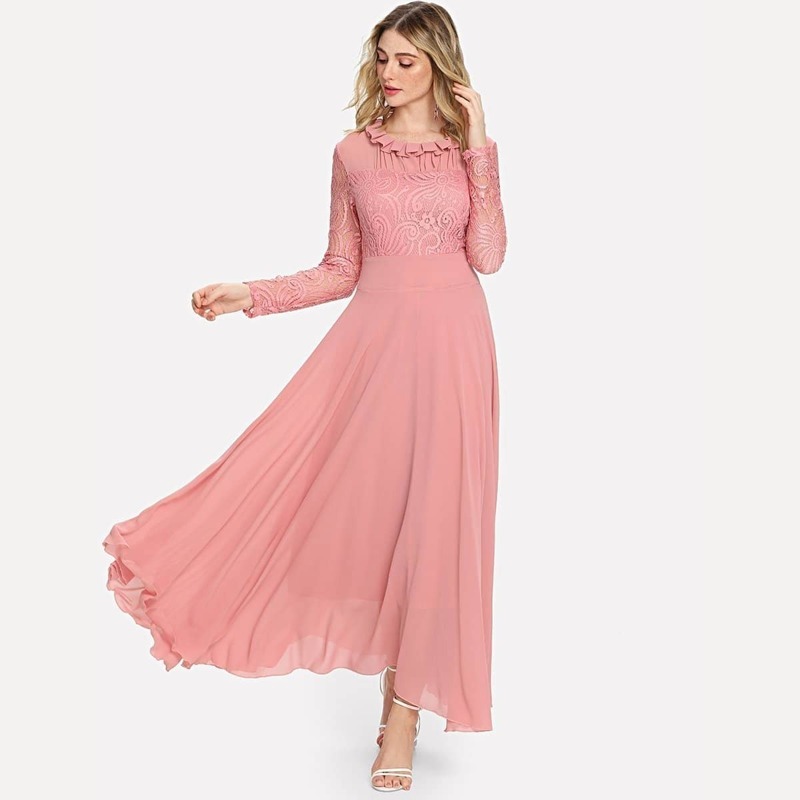 

Frill Neck Lace Bodice Flowy Dress, Pink