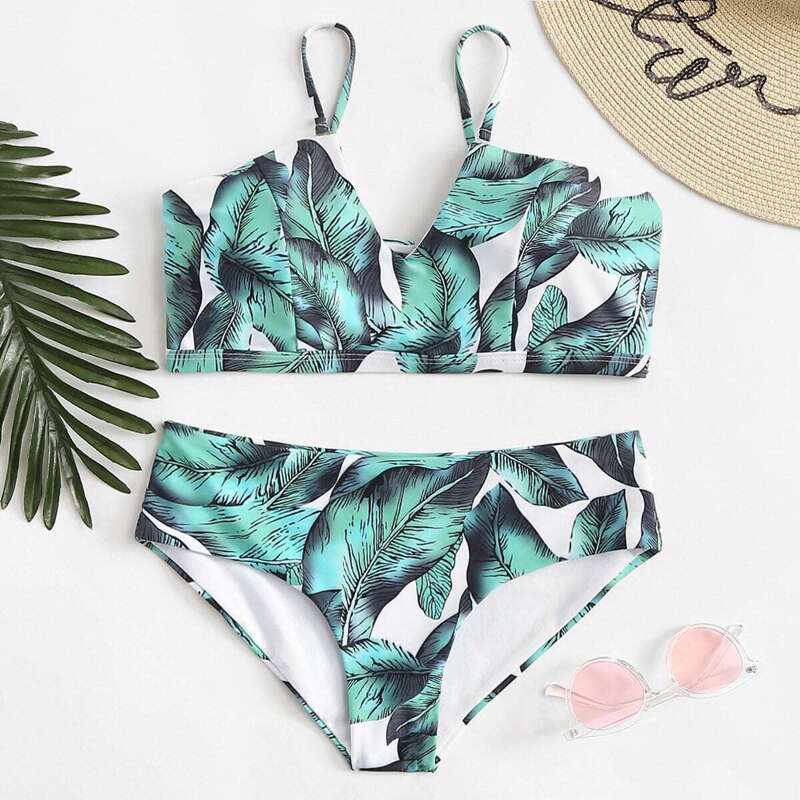 

Jungle Leaf Print Cut V Bikini Set, Multicolor