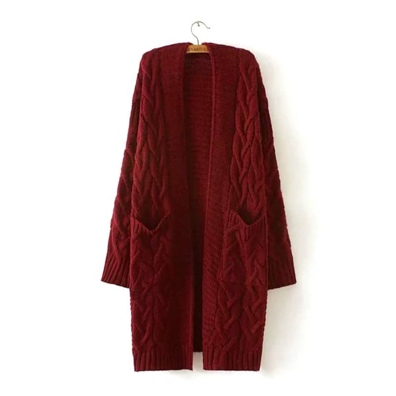 

Solid Drop Shoulder Cable Knit Coat, Maroon