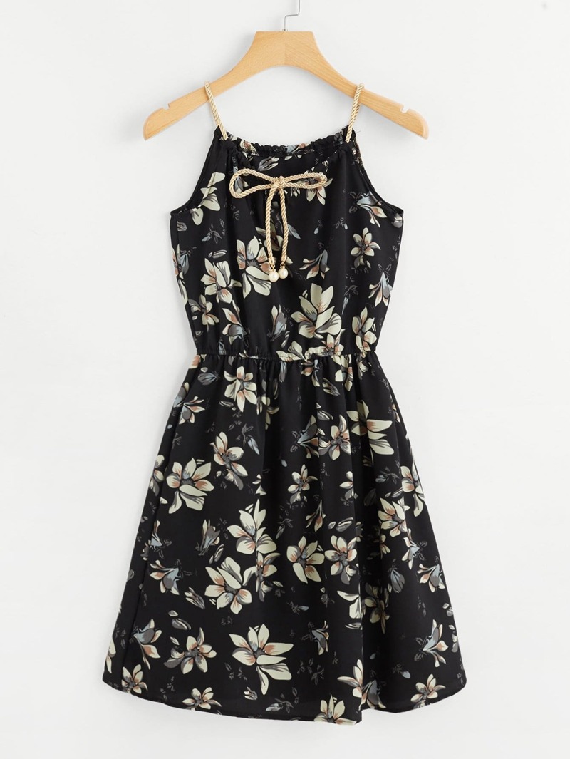 

Floral Print Knot Front Cami Dress, Black