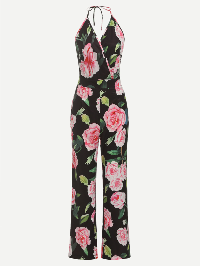 

Open Back Floral Print Halter Jumpsuit, Multicolor