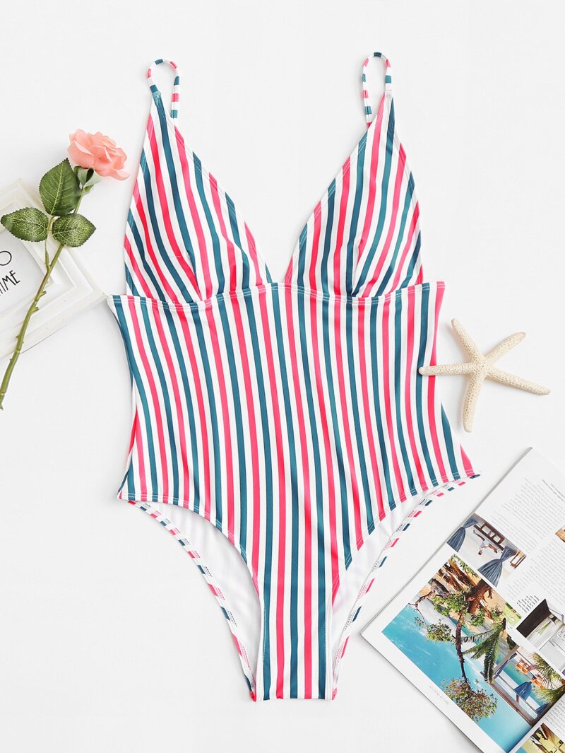 

Plus Colorful Stripe Swimsuit, Multicolor