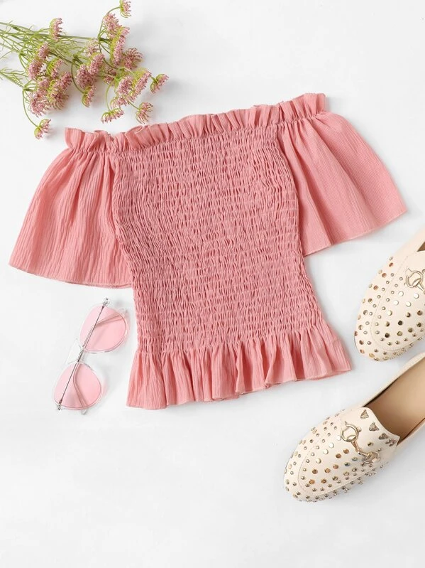 off shoulder frill trim pleated top