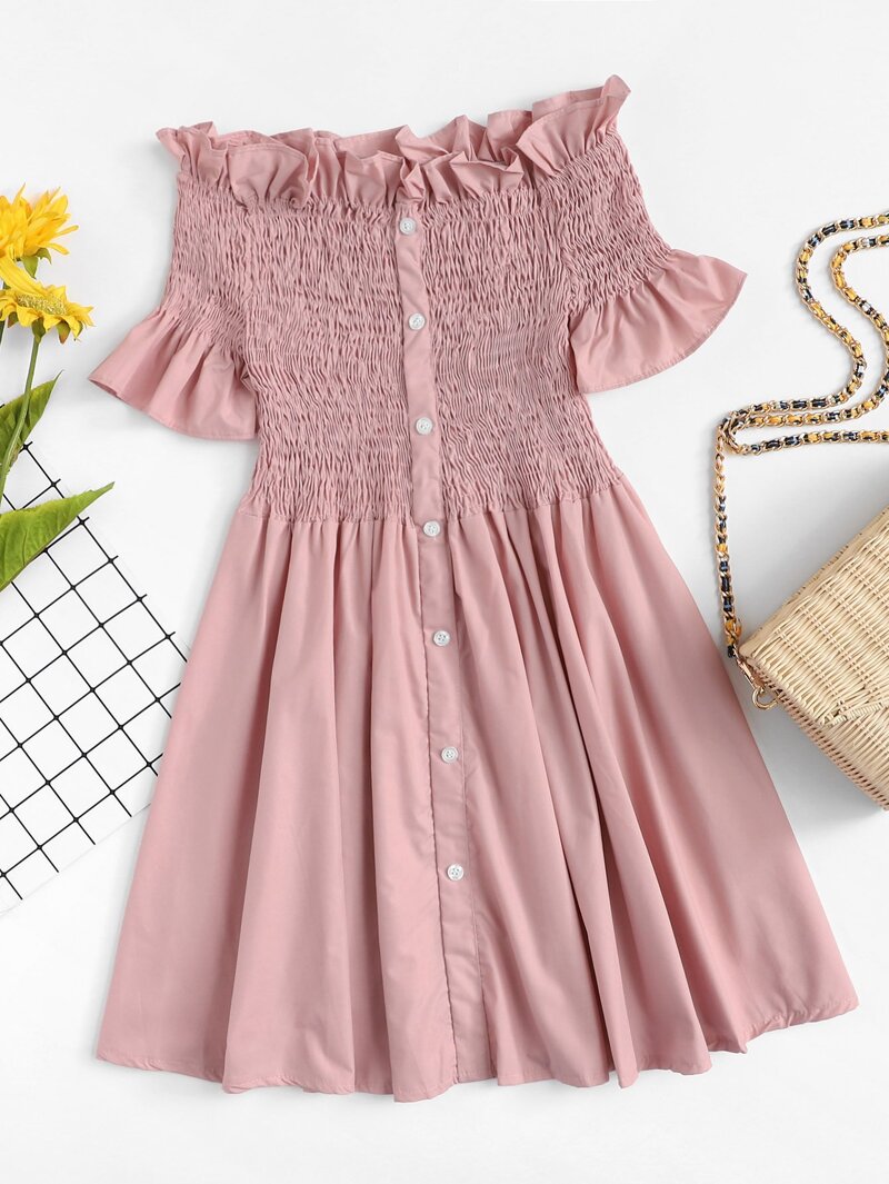 

Off-Shoulder Ruffle Trim Pleated Dress, Pink