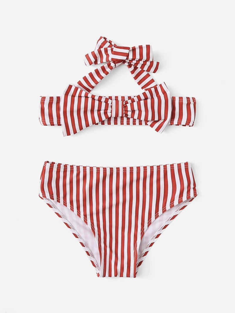 

Girls Striped Bow Tie Bikini Set, Red