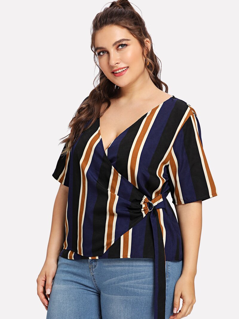 

Plus Striped Knot Blouse, Blue