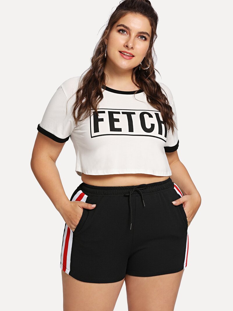

Plus Stripe Tape Side Drawstring Shorts, Black, Franziska