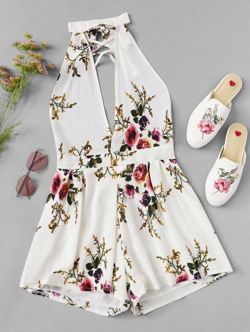 

Bow Tie Backless Romper, White