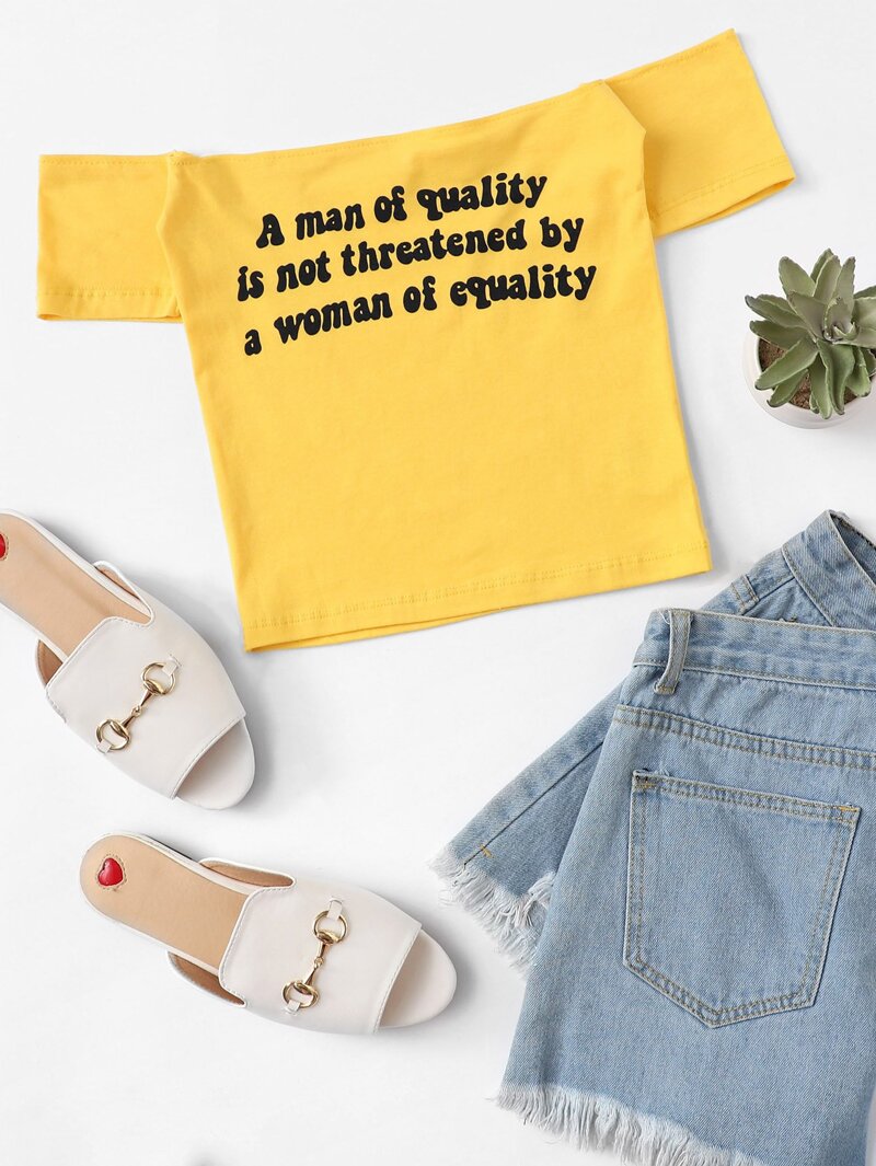 

Letter Print Off Shoulder Tee, Yellow