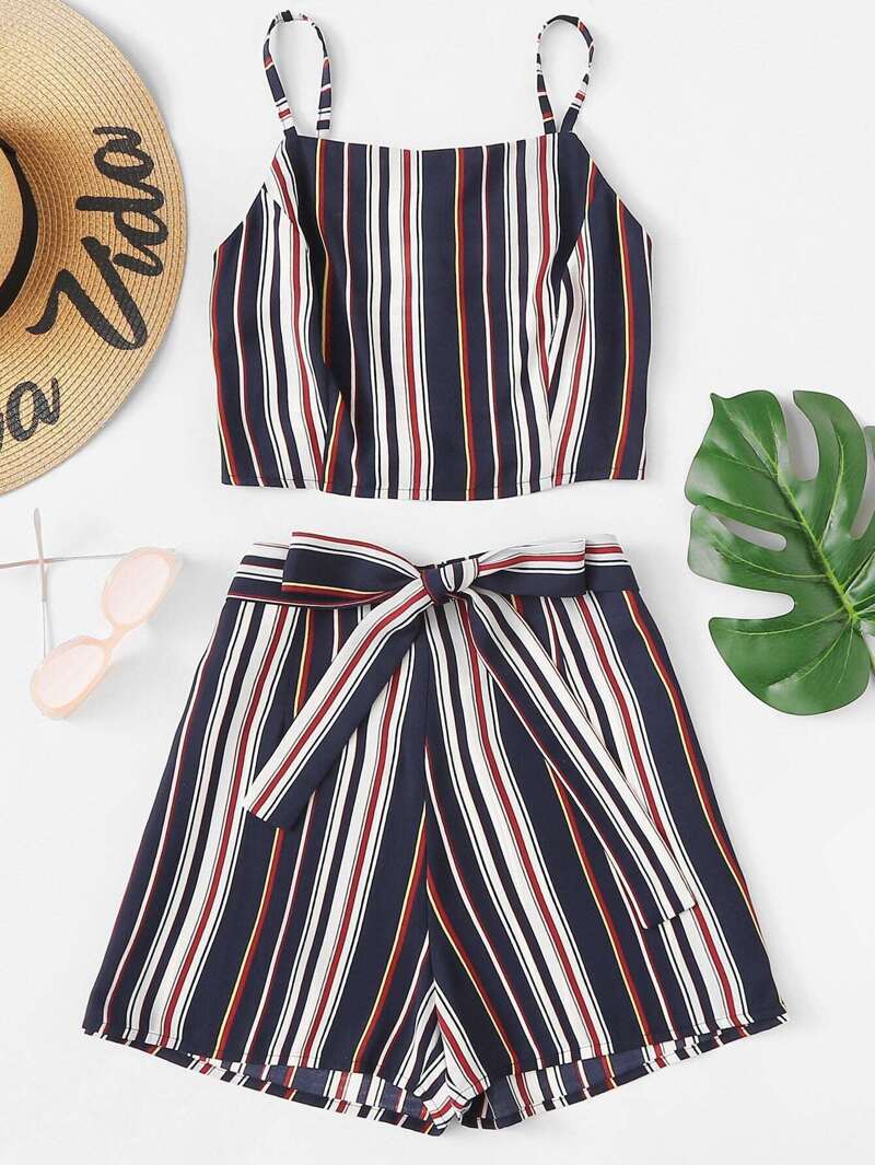 

Striped Cami Top With Knot Shorts, Navy