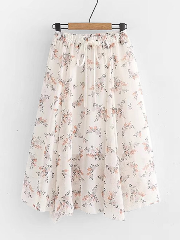 

Calico Print Drawstring Waist Skirt, White