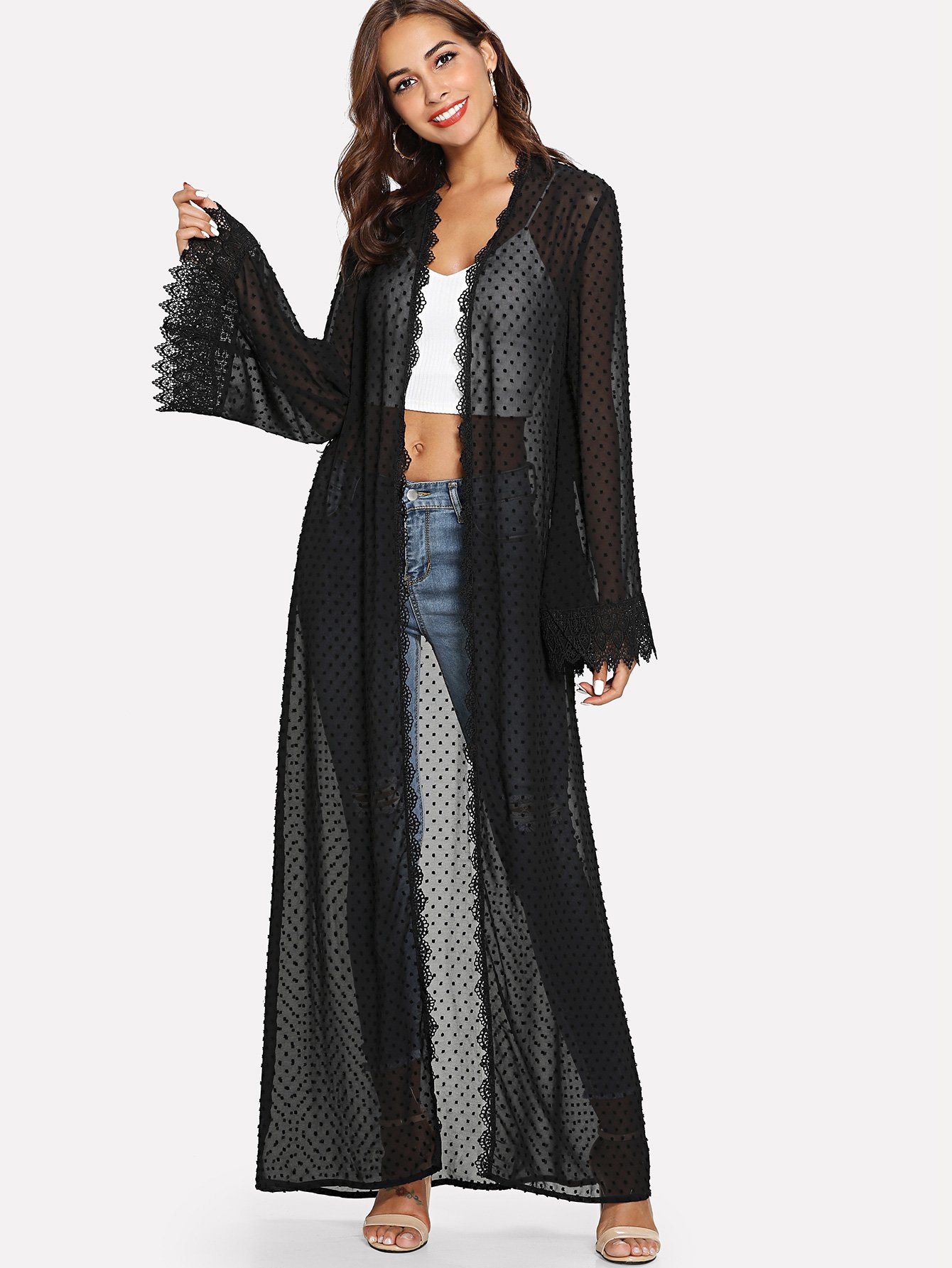 SHEIN Bell Sleeve Dot Jacquard Sheer Abaya | SHEIN EUR