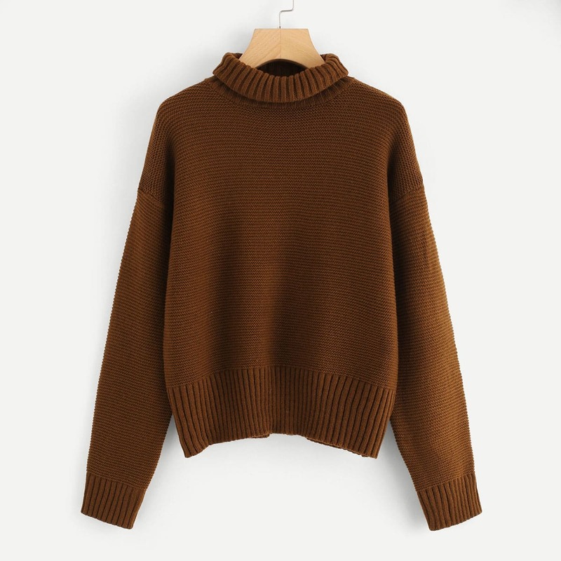 Roll Neck Drop Shoulder Sweater, Brown
