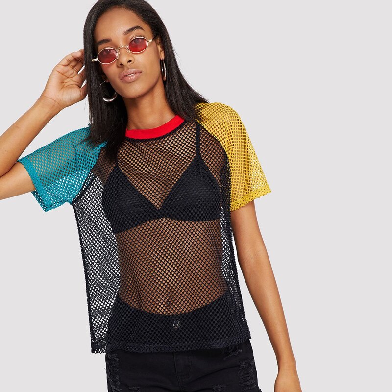 

Colorblock Raglan Sleeve Fishnet Top, Black